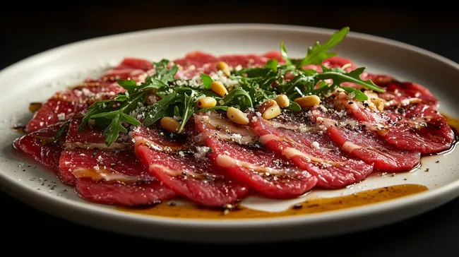 Saftiges Carpaccio aus Rindfleisch mit Rucola und Pinienkernen