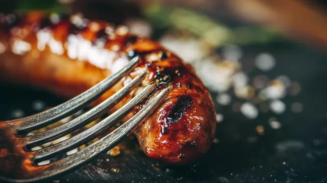 Saftiges gegrilltes Wurstgericht auf dunklem Hintergrund