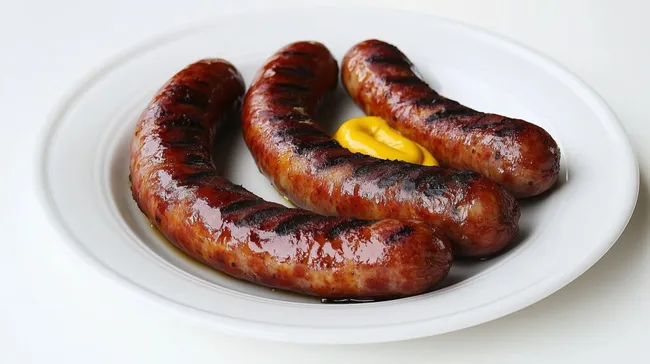 Saftiges Grillwürstchen auf weißem Teller