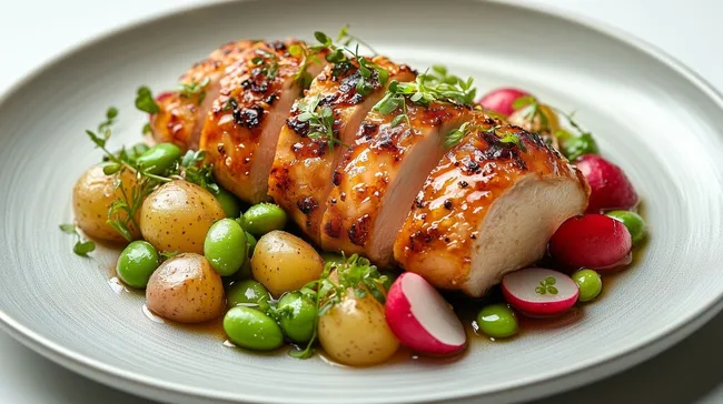 Saftiges Hähnchenbrust-Filet mit Ofenkartoffeln und Erbsen