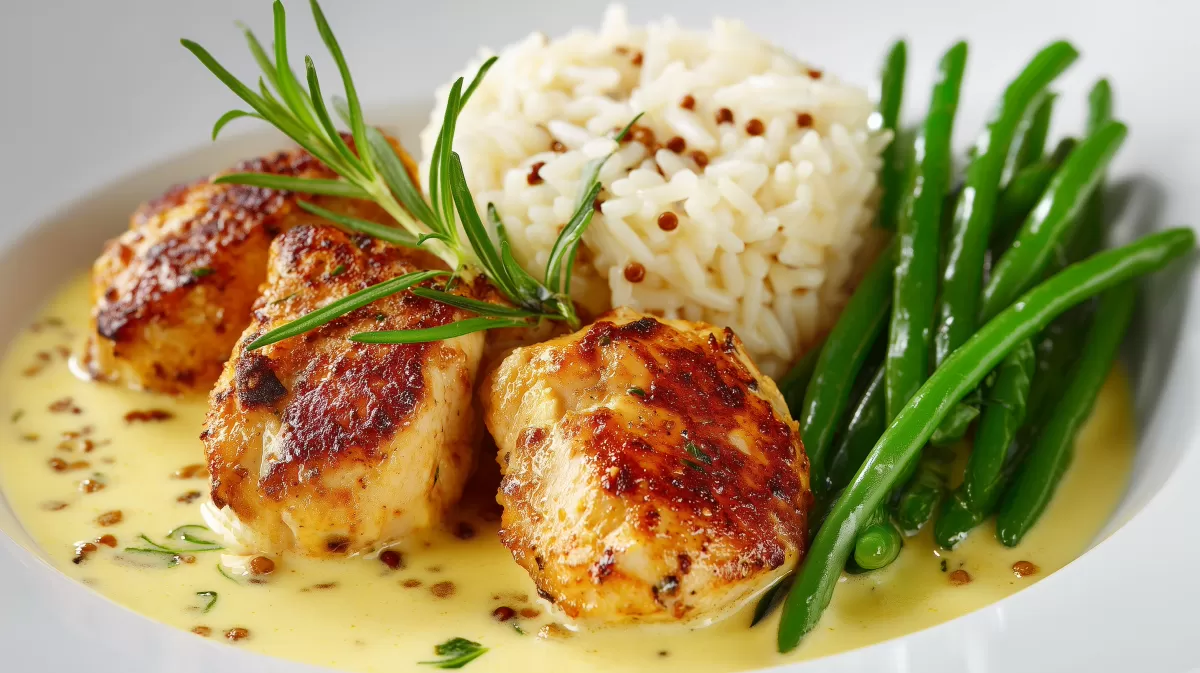 Saftiges Hähnchenfilet in Senfsauce mit Reis & Bohnen