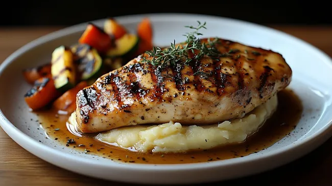 Saftiges Hähnchengericht mit Kartoffelpüree und gegrilltem Gemüse
