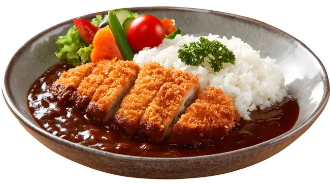 Saftiges japanisches Katsu-Curry mit Reis und Gemüse