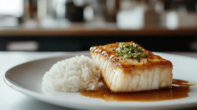 Saftiges Kabeljaufilet mit Miso-Glasur und Reis