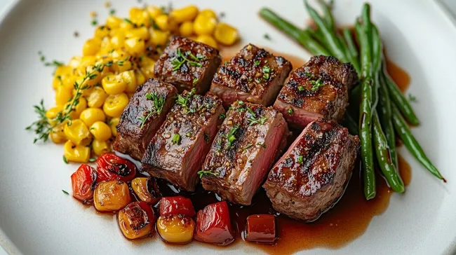 Saftiges Lammfleisch mit gegrilltem Gemüse auf weißem Teller