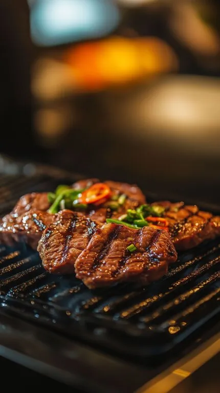 Saftiges, mariniertes Steak auf heißem Grillrost