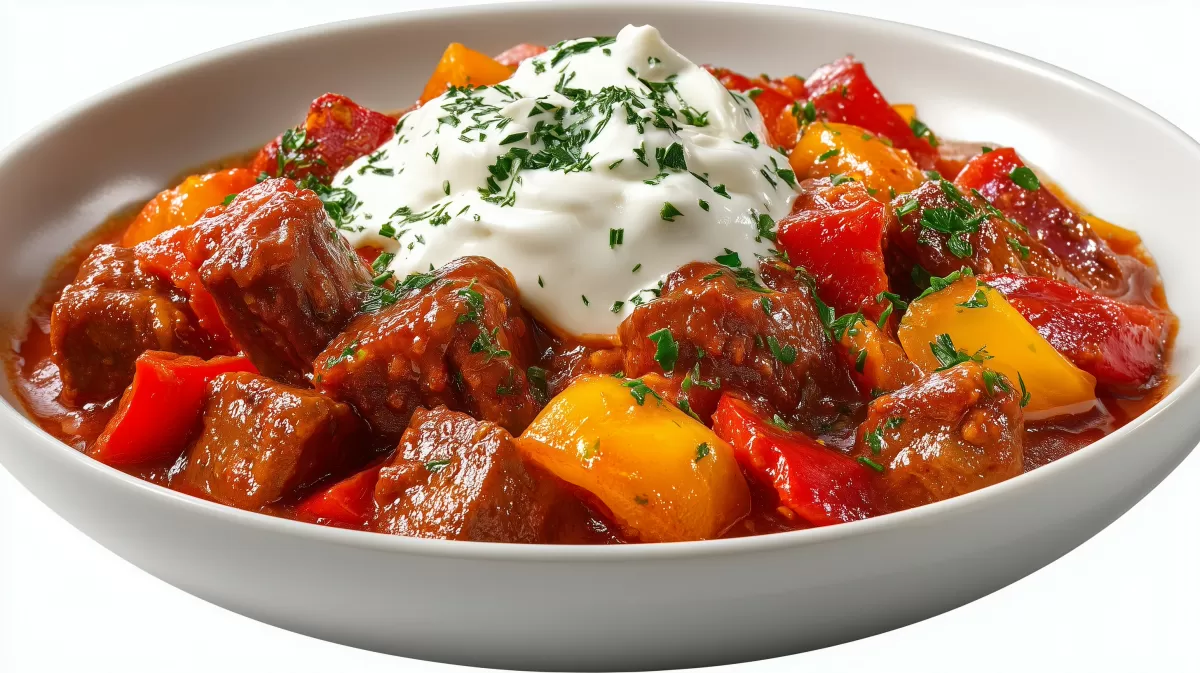 Saftiges Paprikagulasch mit Sauerrahm im Teller