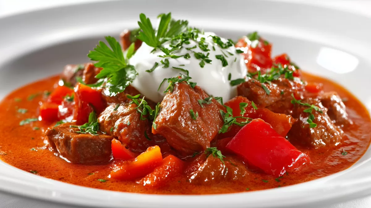 Saftiges Paprikagulasch mit Sauerrahm und Petersilie