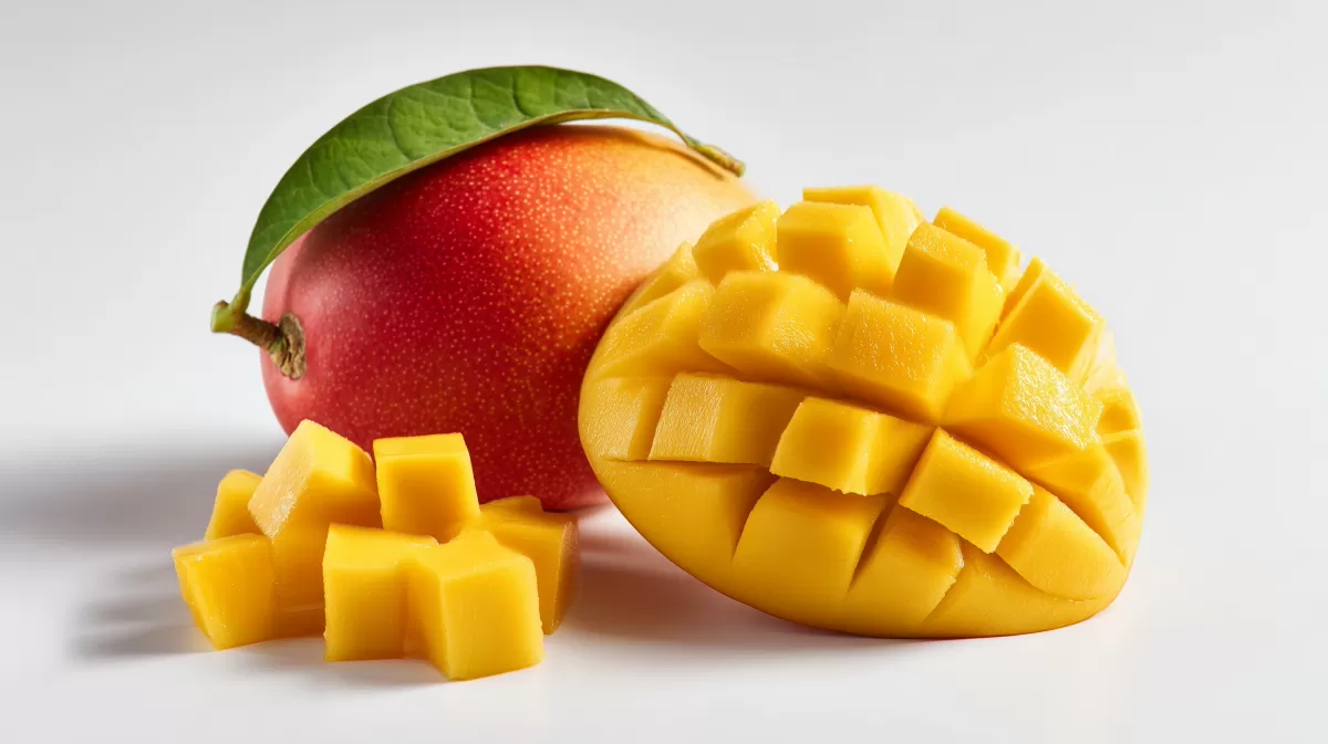 Saftiges, reifes Mango-Stück vor Zitrusblatt