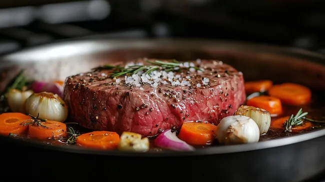 Saftiges Rinderfilet in Pfanne mit Gemüse