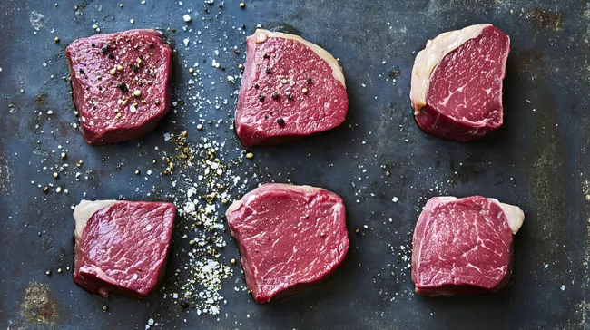 Saftiges Rinderfilet mit Gewürzen auf dunklem Untergrund