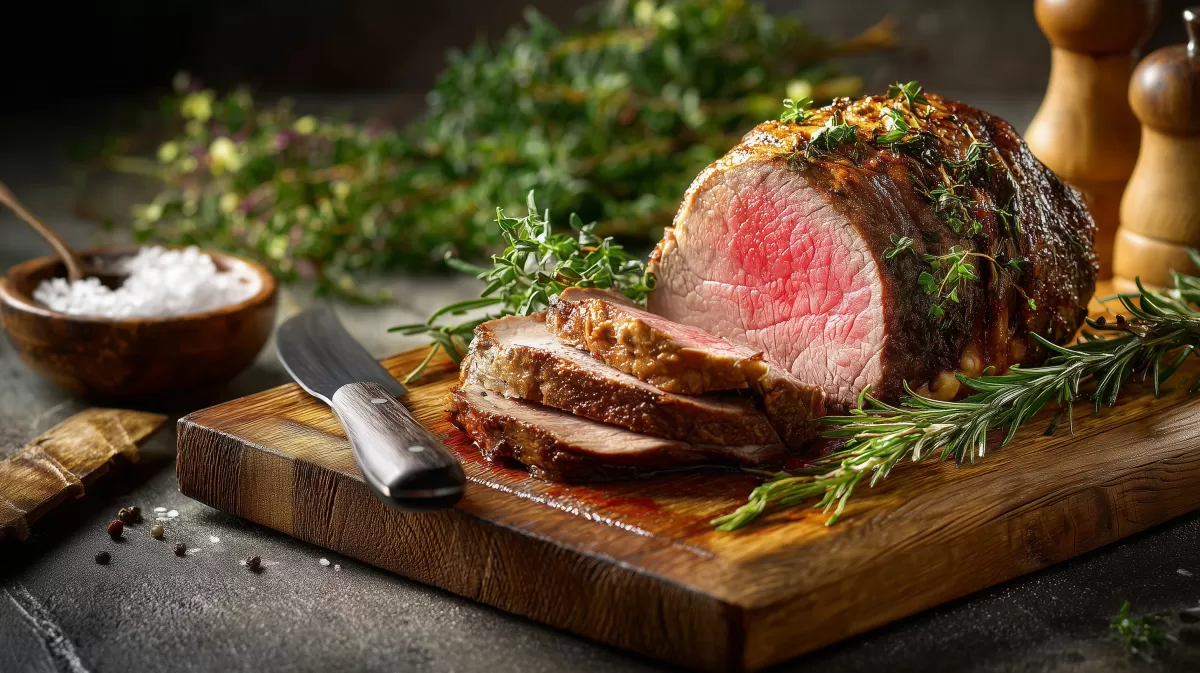 Saftiges Roastbeef mit Kräutern serviert