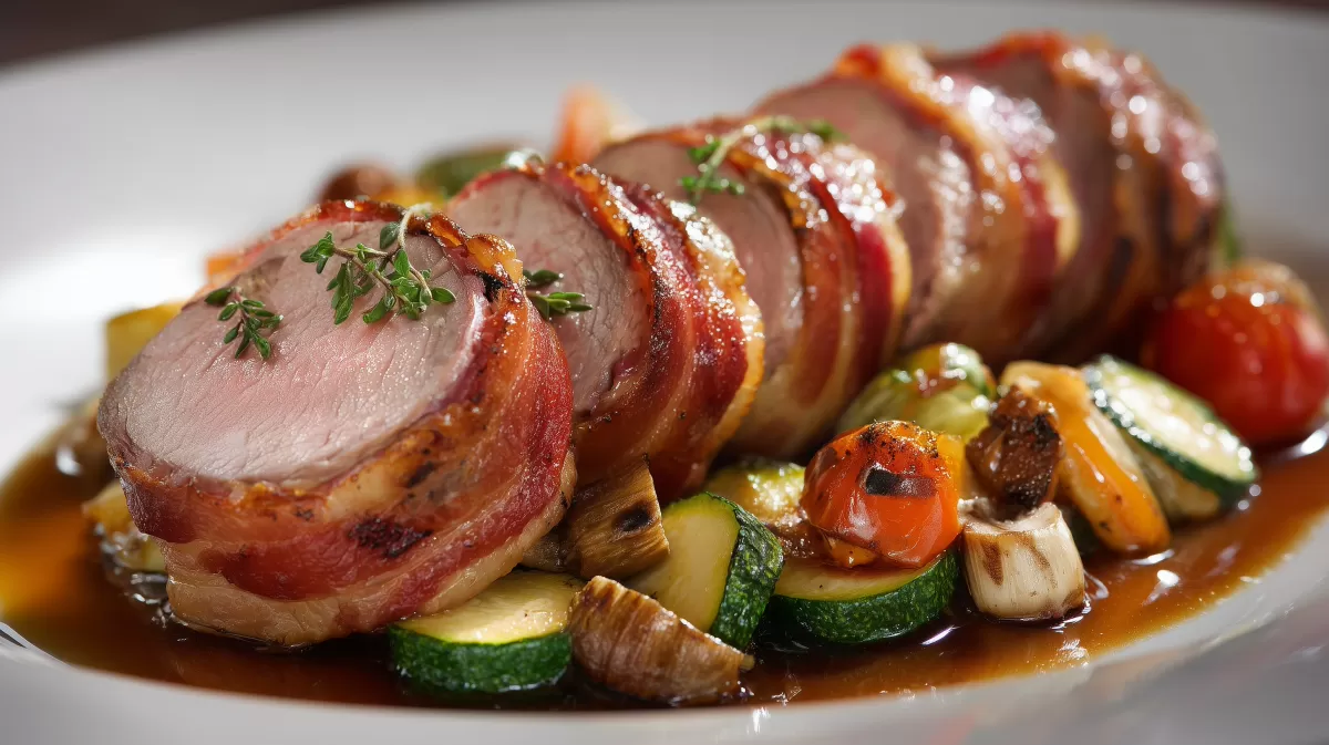 Saftiges Schweinefilet im Speckmantel mit Gemüse