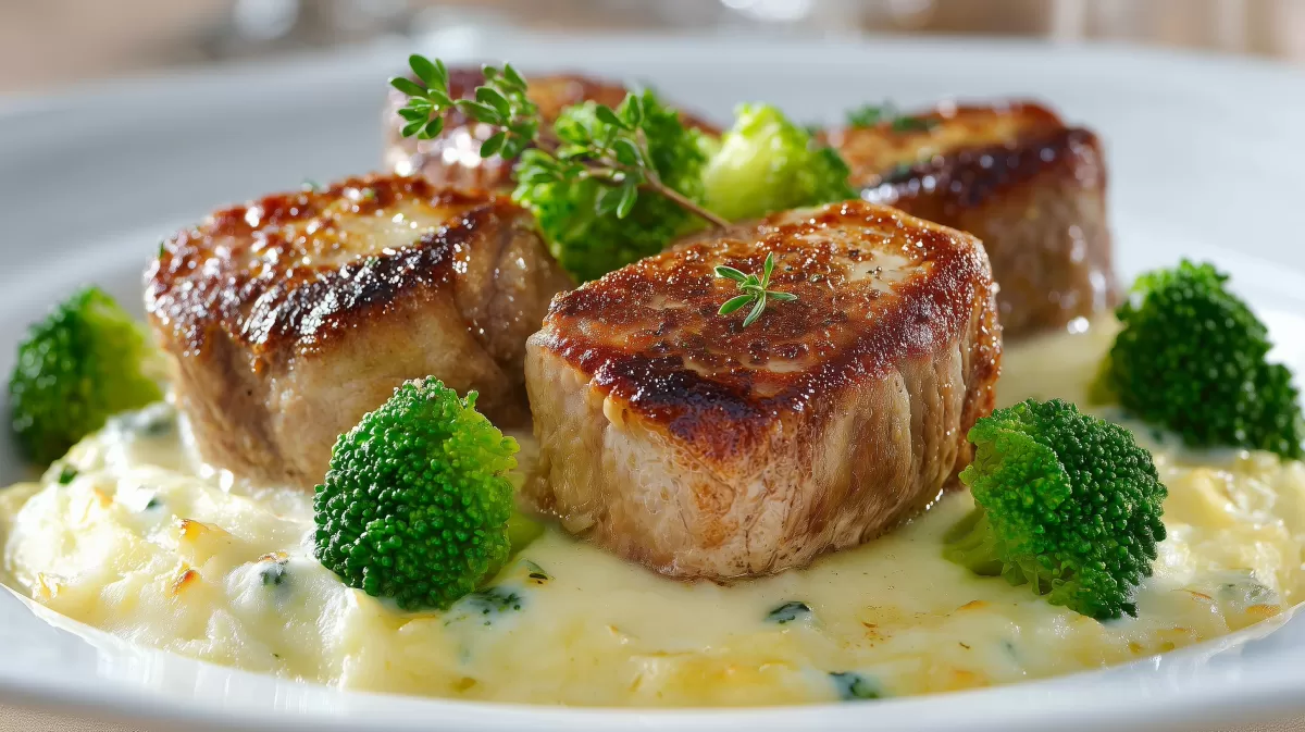 Saftiges Schweinefilet mit Kartoffelgratin und Brokkoli