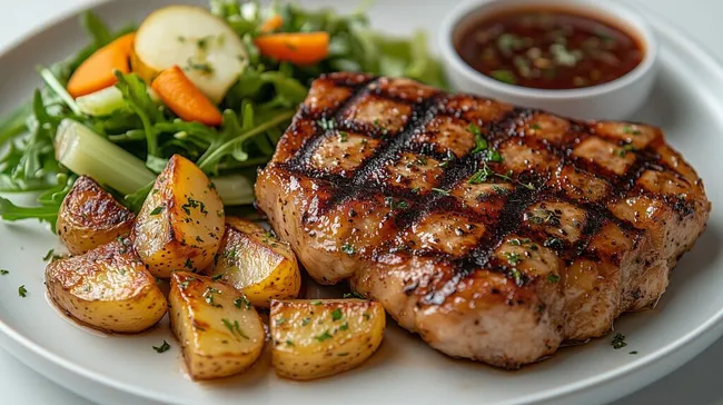 Saftiges Schweinekotelett mit Ofenkartoffeln und Gemüse