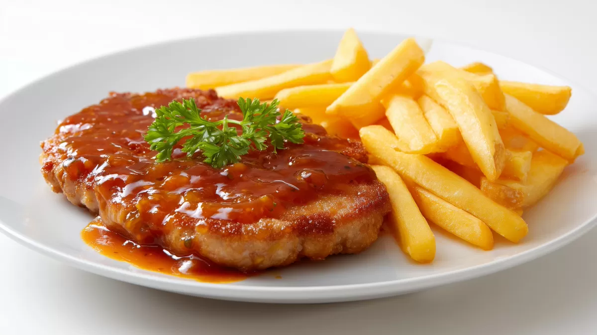 Saftiges Schweineschnitzel in Curry-Tomatensauce mit Pommes