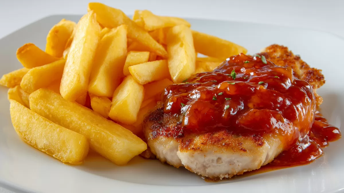 Saftiges Schweineschnitzel mit Curry-Tomatensauce und Pommes