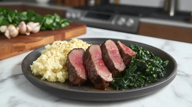 Saftiges Steak mit cremigem Reis und grünem Spinat