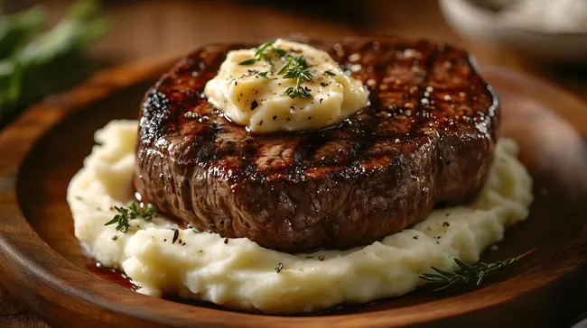 Saftiges Steak mit Knoblauchbutter auf Kartoffelpüree