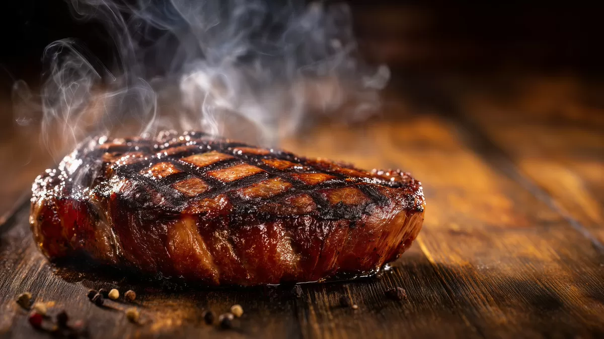 Saftiges Steakhouse-Steak mit Grillmarks auf Holz