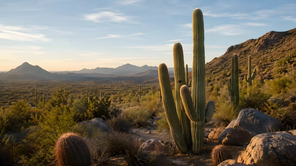 Saguaro-Kakteen in der Sonora-Wüste bei Sonnenuntergang