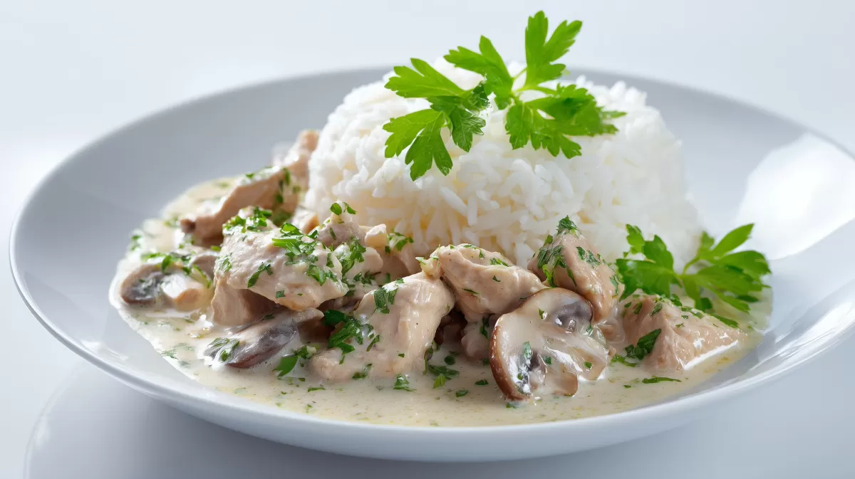 Sahniges Putengeschnetzeltes mit Pilzen und Reis