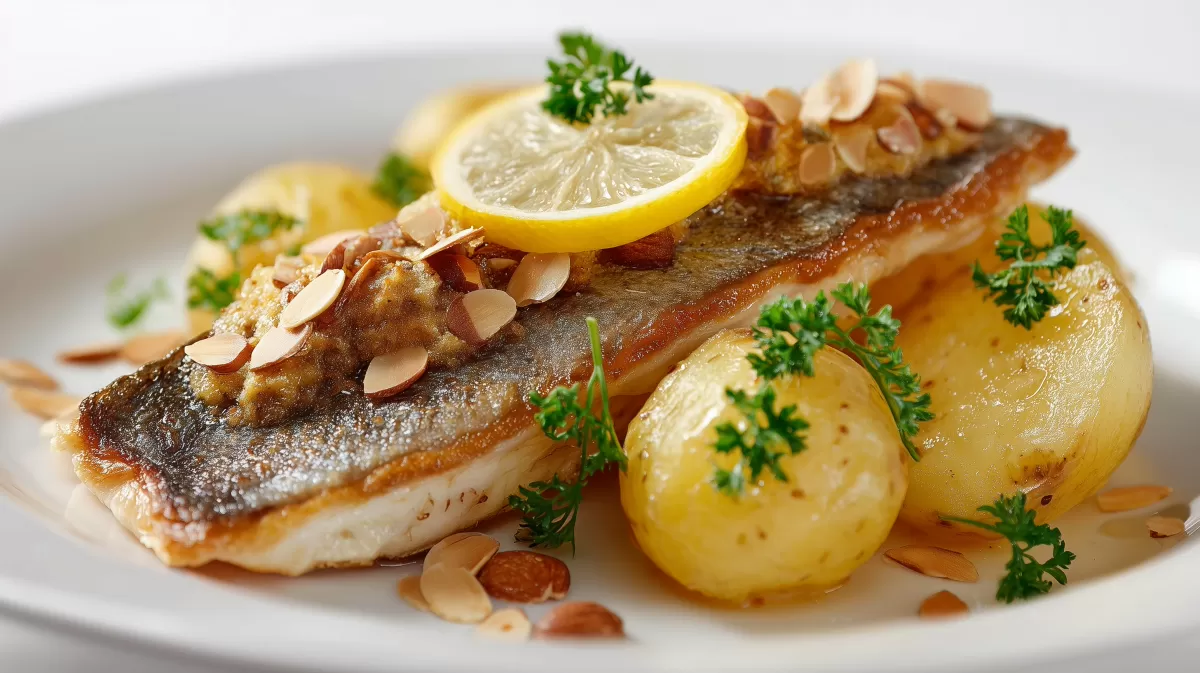 Saibling mit Mandelbutter, Kartoffeln und Zitrone