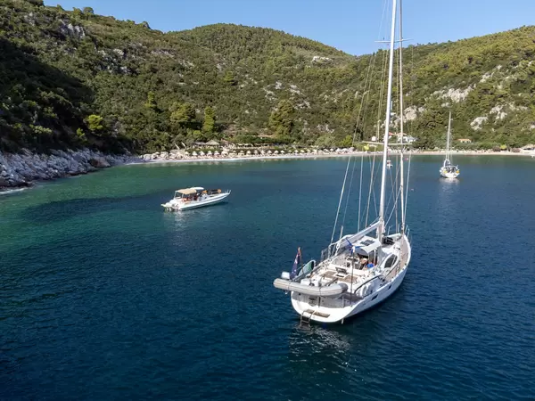 Sailing holiday in Greece: the beach and bay of Limnonari seen from the sea