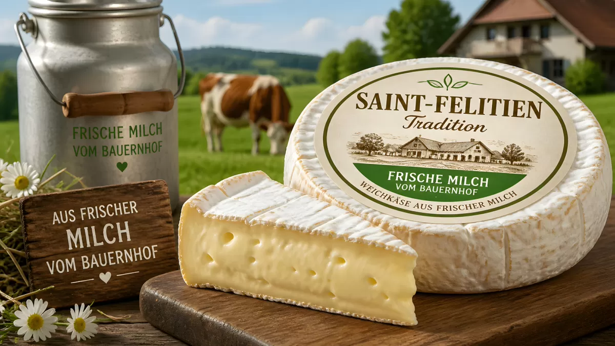 Saint-Félicien Weichkäse auf Holzbrett mit Bauernhof
