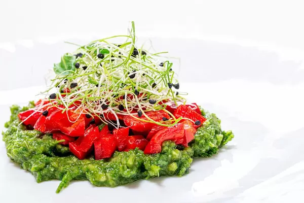 Salad layers with fresh vegetables and onion seed sprouts. Vegetarian and healthy food (Flip 2019)