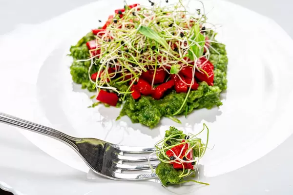 Salad layers with fresh vegetables and onion seed sprouts with fork on a white plate. Vegetarian and healthy food concept (Flip 2019)