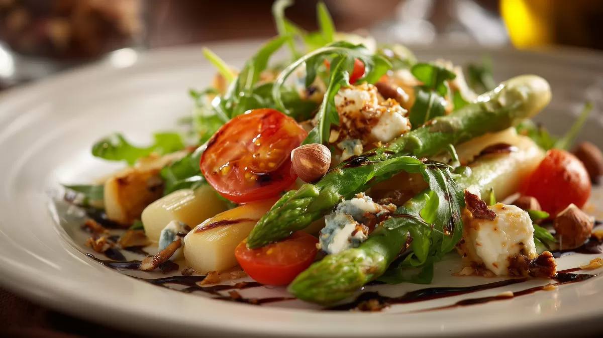 Salat mit gebratenem Spargel, Ziegenkäse und Tomaten