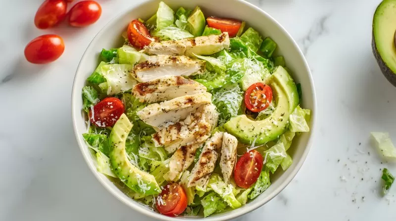 Salat mit gegrilltem Hähnchen Avocado und Tomaten