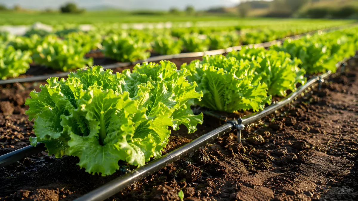 Salatpflanzen mit Tröpfchenbewässerung auf dem Feld