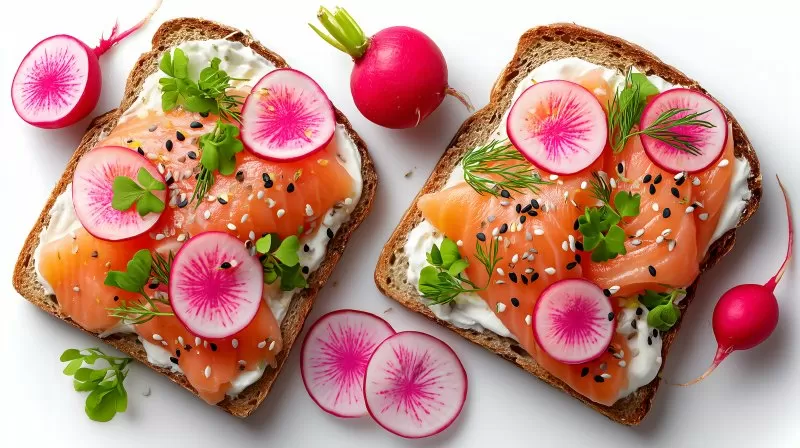 Salmon sandwich with radish and cream cheese on whole grain bread