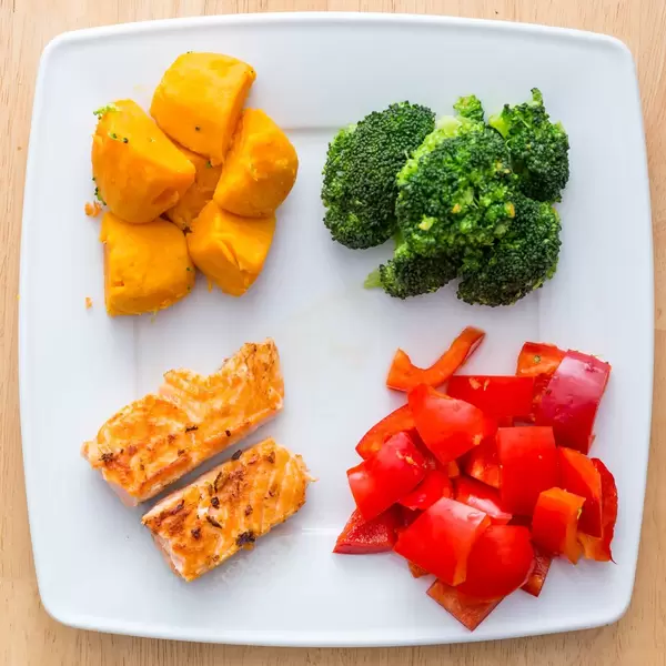 Salmon with Broccoli, Peppers and Sweet Potato