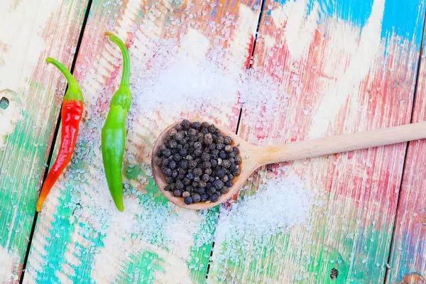 Salt and Fresh Pepper, Wooden Spoon and Background (Flip 2019)