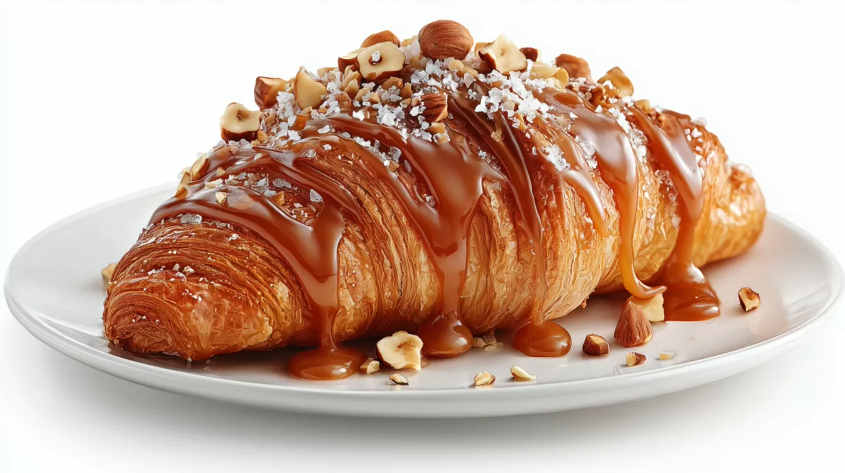 Salted Caramel Croissant mit Haselnüssen auf Teller