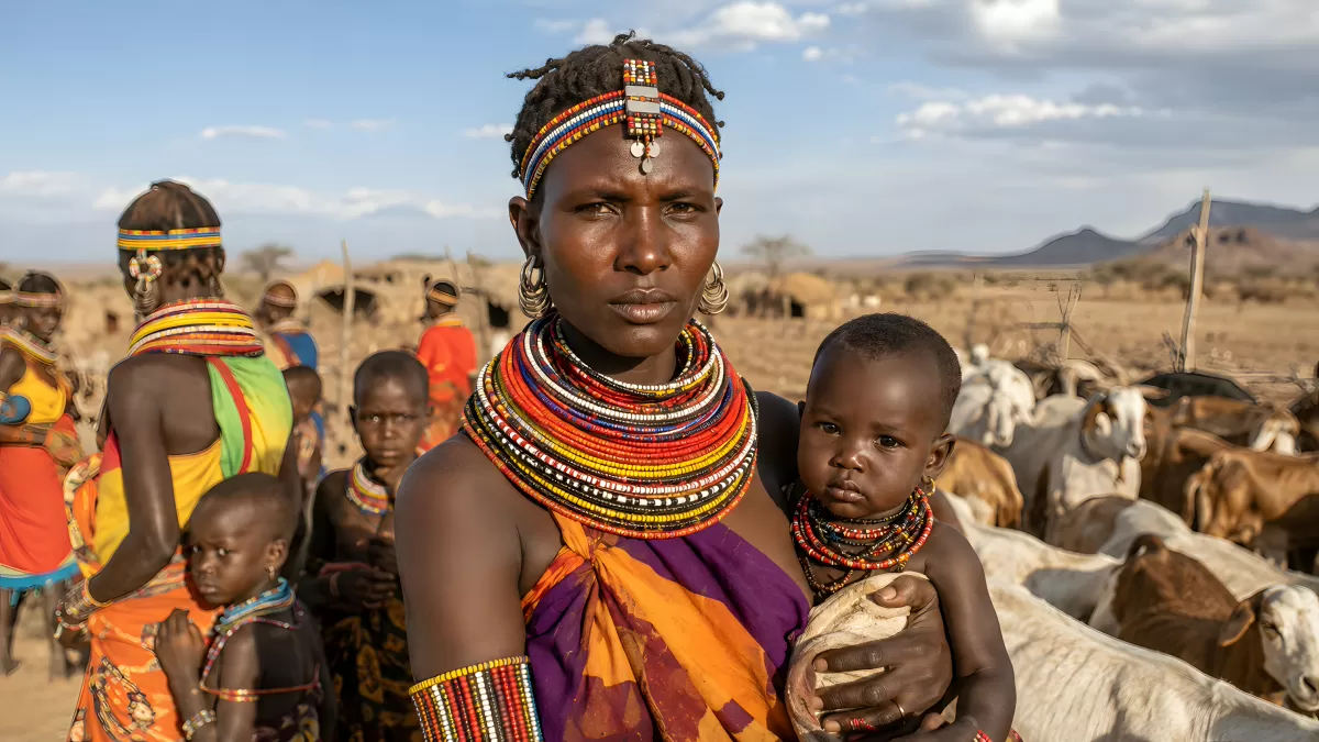 Samburu-Frau mit Baby und traditionellem Perlenschmuck