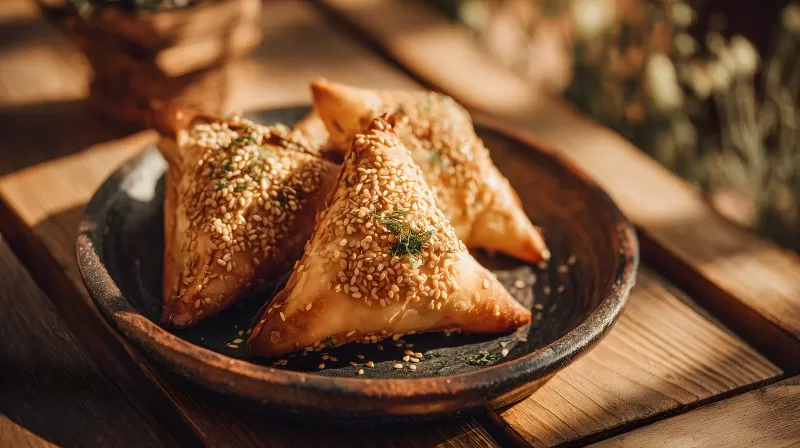 Samosas mit Sesam und Kräutern auf Keramikteller