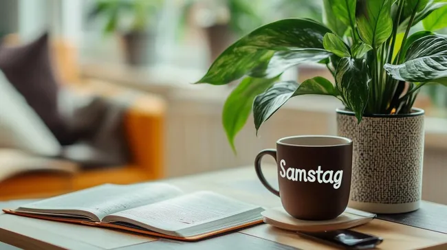 Samstag-Morgen-Arbeitsplatz mit Kaffeetasse und Topfpflanze