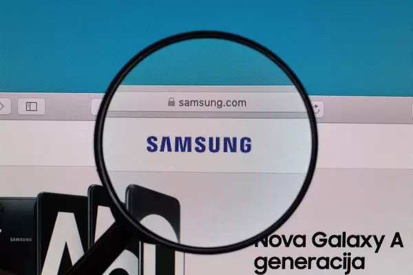 Samsung logo under magnifying glass