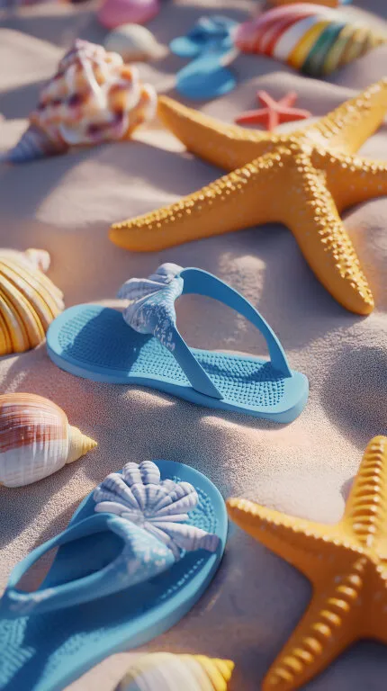 Sandalen und Muscheln am Strand - Urlaub und Sommerferien