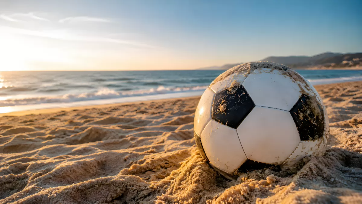 Sandbedeckter Fußball am Strand bei Sonnenuntergang