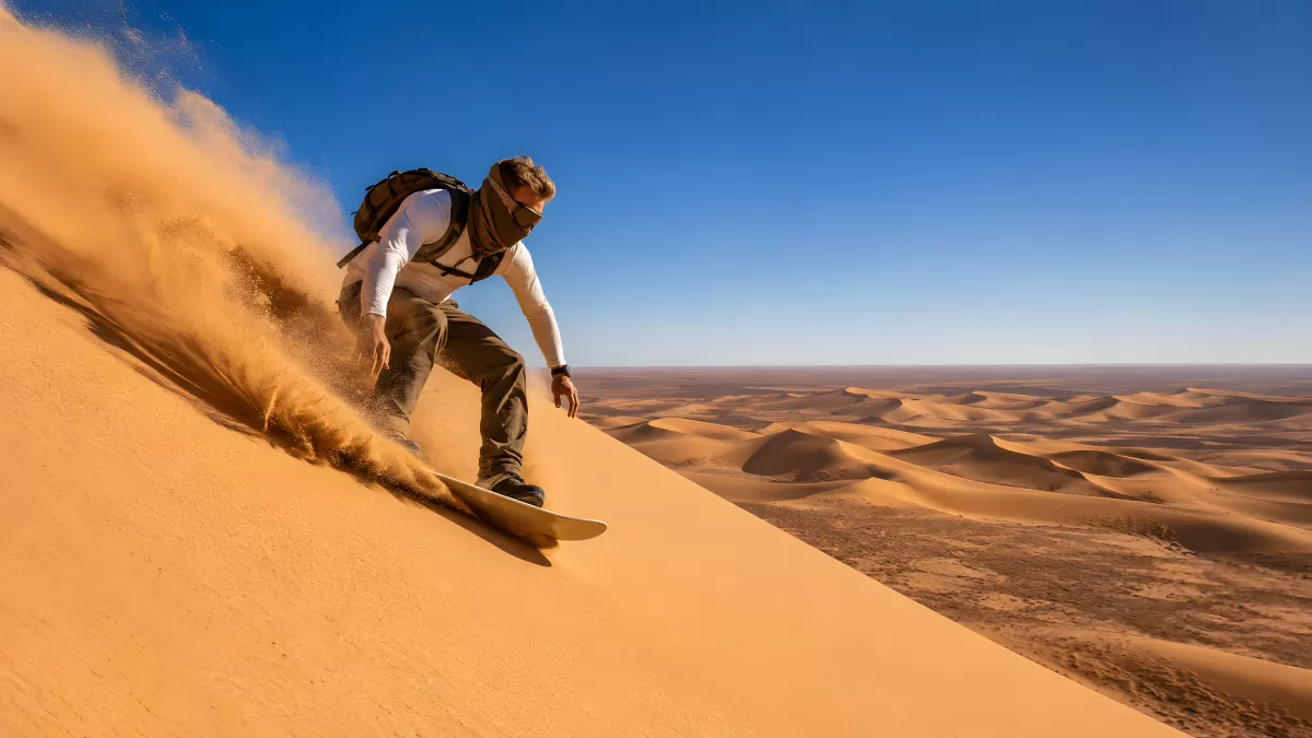 Sandboarder gleitet rasant eine Wüstendüne hinab