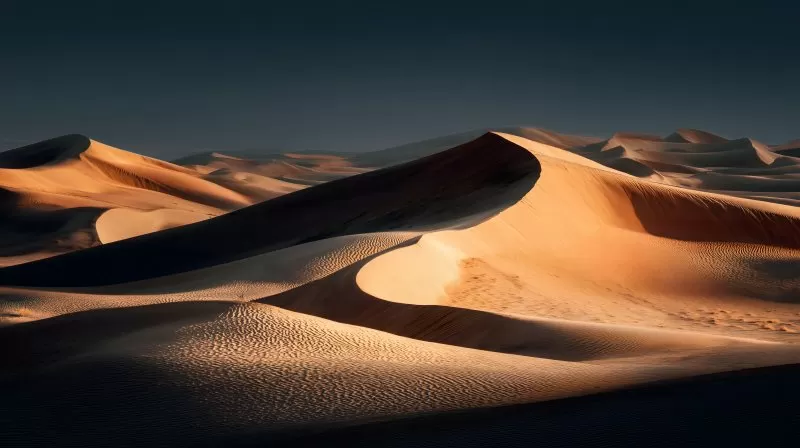 Sanddünen in der Wüste mit Schatten bei Sonnenuntergang