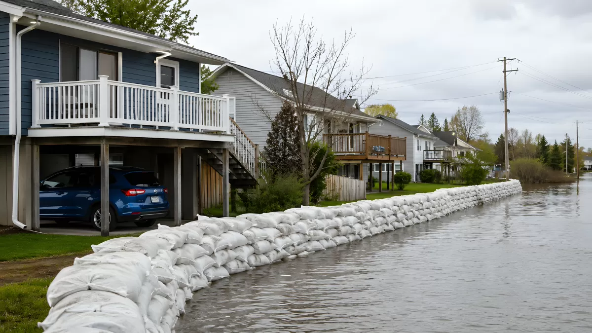 Sandsackbarriere schützt Wohnhäuser vor Hochwasser