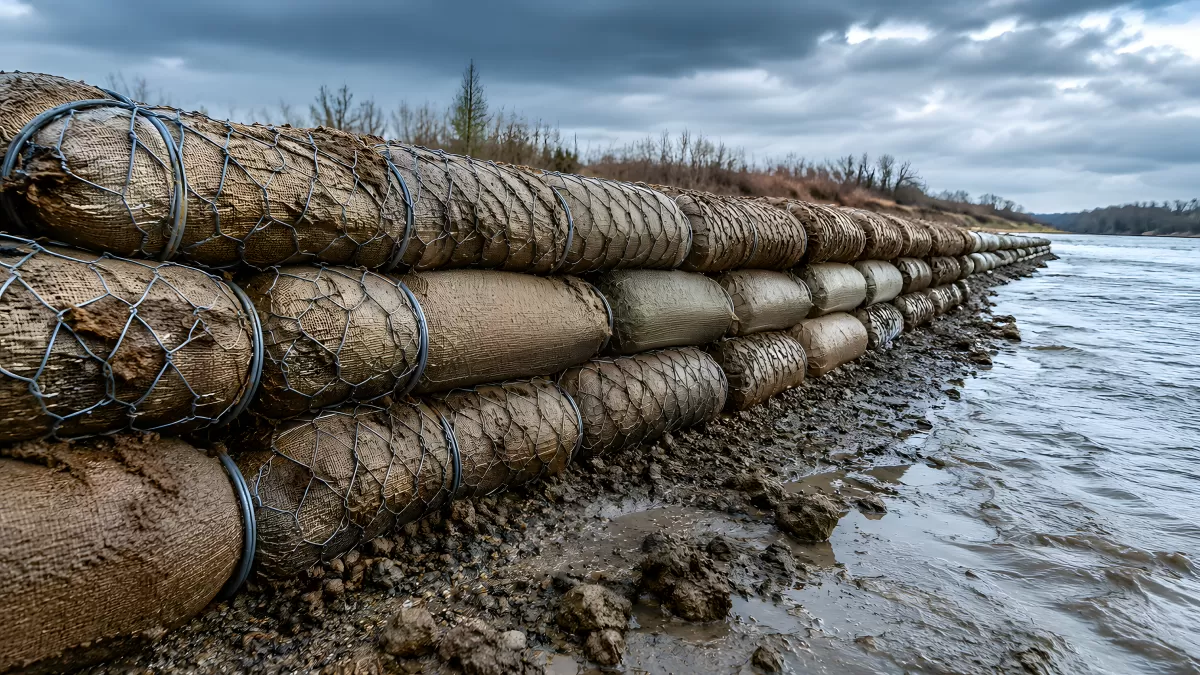 Sandsäcke als Hochwasserschutz an einem Flussufer