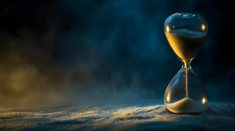 Sanduhr mit Sand und mystischem Licht im Dunkeln