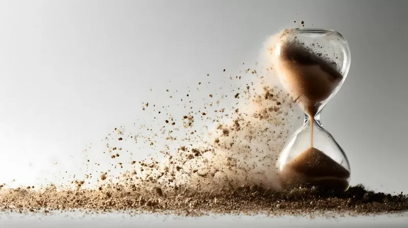 Sanduhr zerfällt in Staub als Symbol für Vergänglichkeit